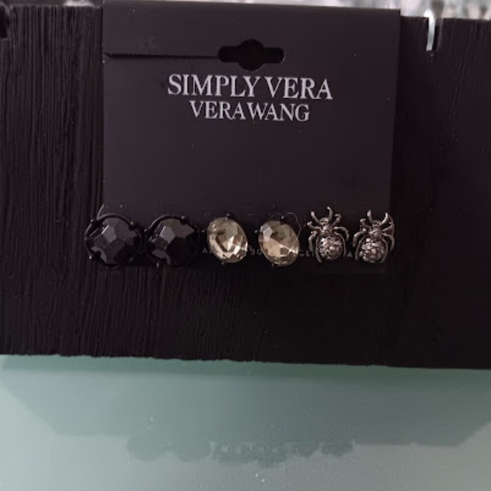 VERA WANG 3pc Goth Hematite Spider/Black + Green-Gray Crystal Stud Earrings**NEW - Picture 3 of 3